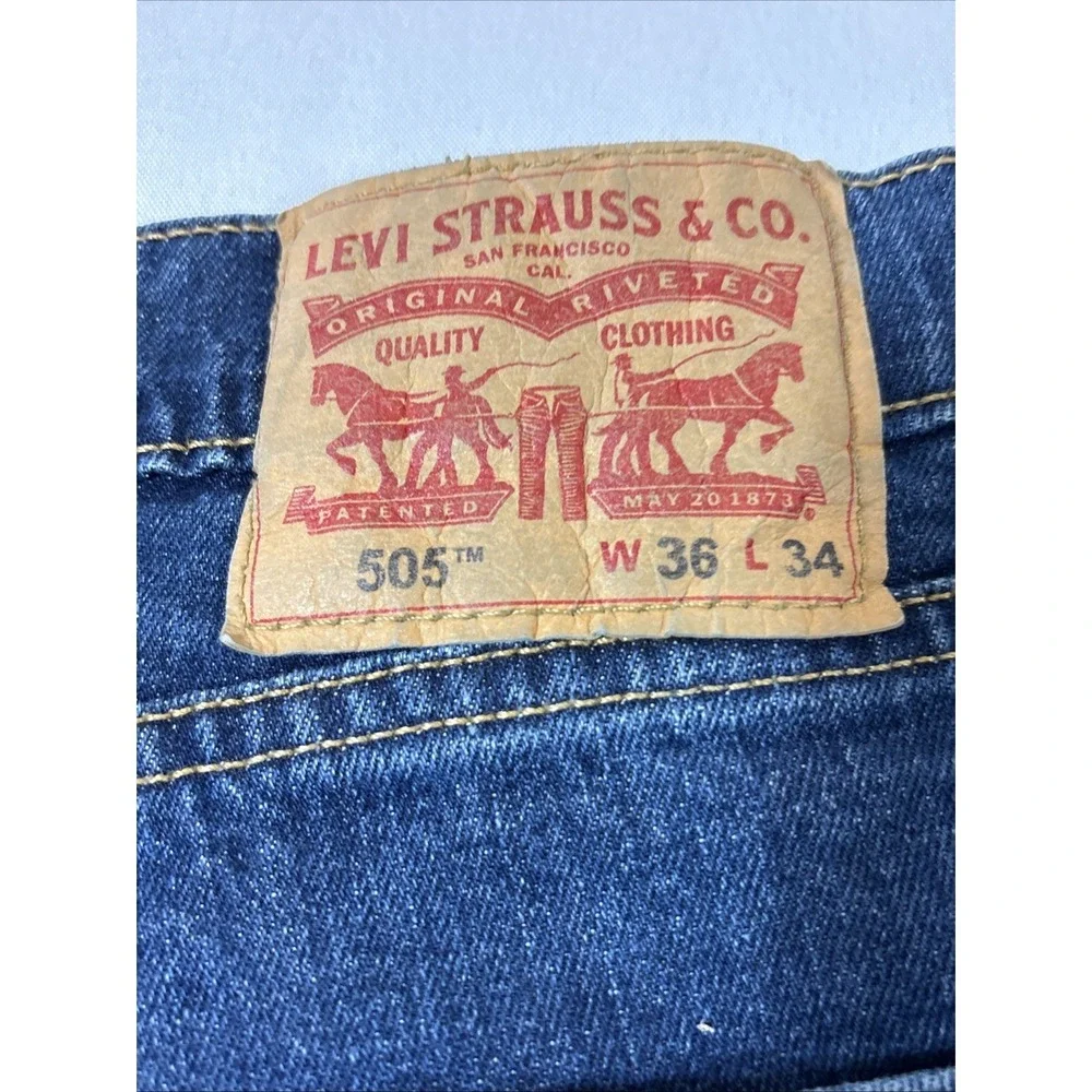 Men's Size 34x33 Levi 505 Regular Fit Denim Blue Jeans Medium‎ Dark Wash Stretch
